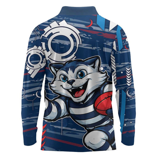 Geelong Cats Long Sleeve Polo Shirt Mascot Cartoon Football Illustration Style