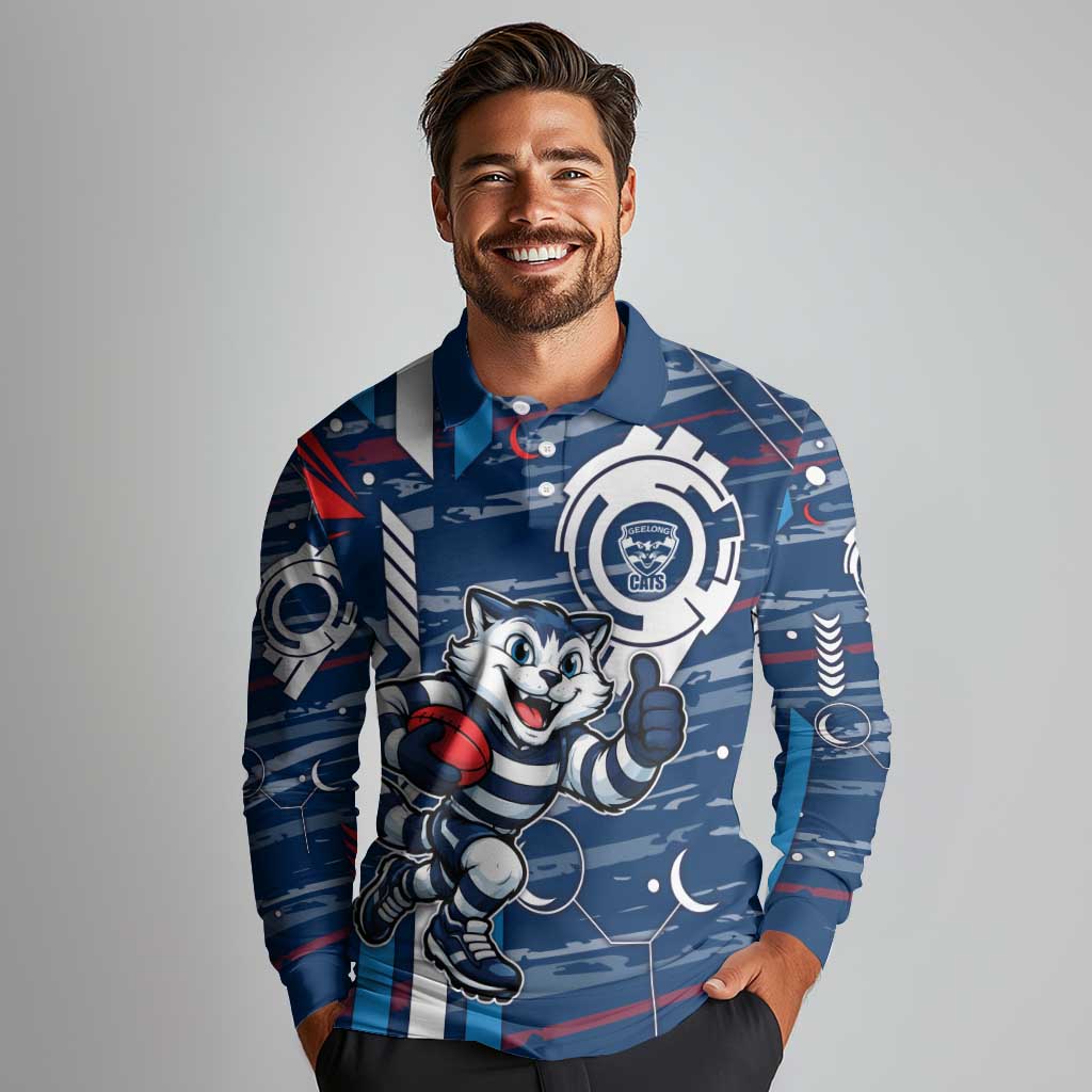Geelong Cats Long Sleeve Polo Shirt Mascot Cartoon Football Illustration Style