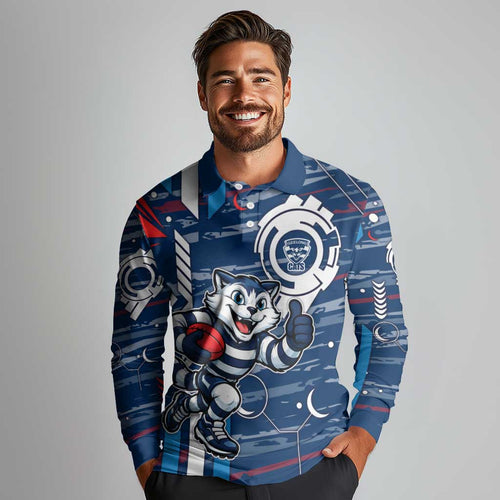 Geelong Cats Long Sleeve Polo Shirt Mascot Cartoon Football Illustration Style