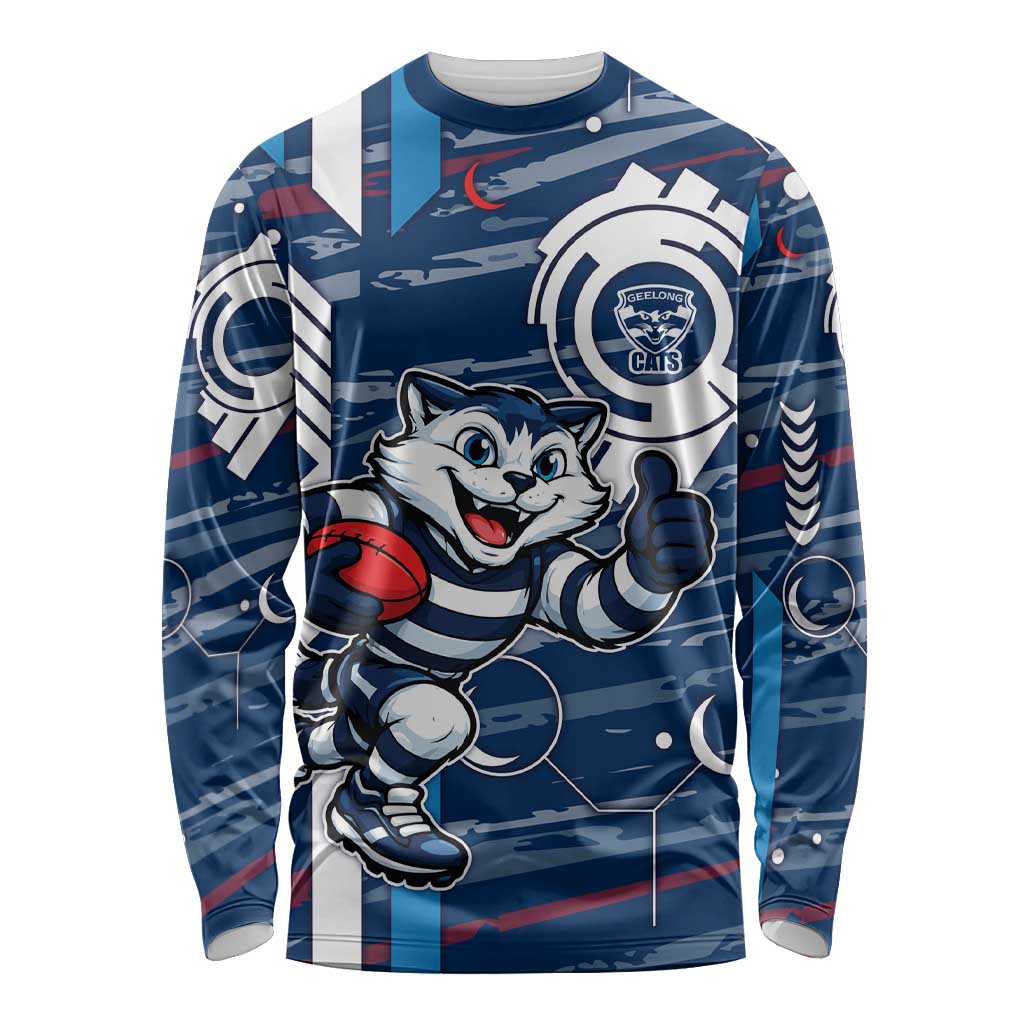 Geelong Cats Long Sleeve Shirt Mascot Cartoon Football Illustration Style