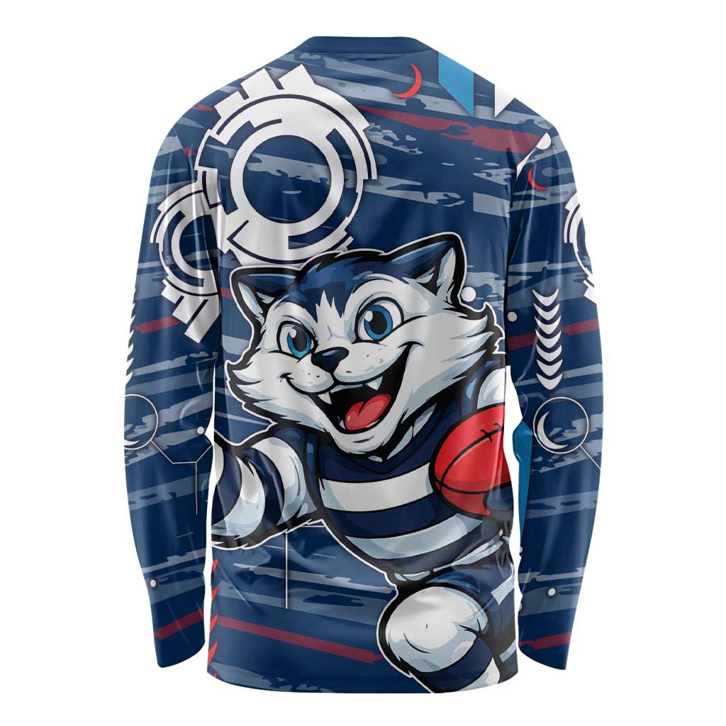 Geelong Cats Long Sleeve Shirt Mascot Cartoon Football Illustration Style
