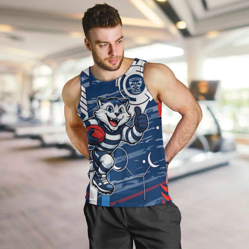 Geelong Cats Men Tank Top Mascot Cartoon Football Illustration Style