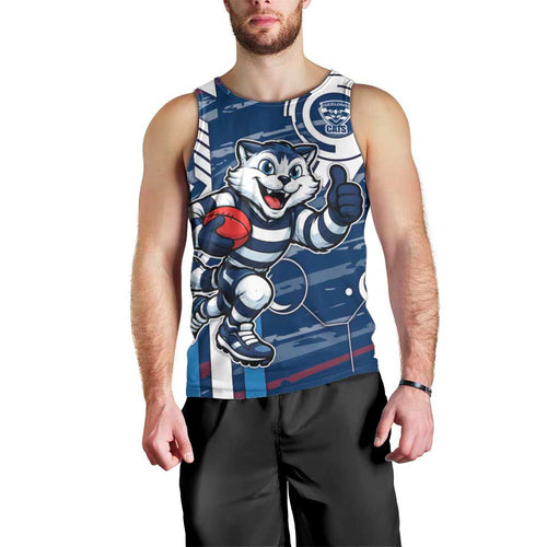 Geelong Cats Men Tank Top Mascot Cartoon Football Illustration Style