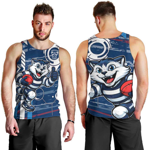 Geelong Cats Men Tank Top Mascot Cartoon Football Illustration Style