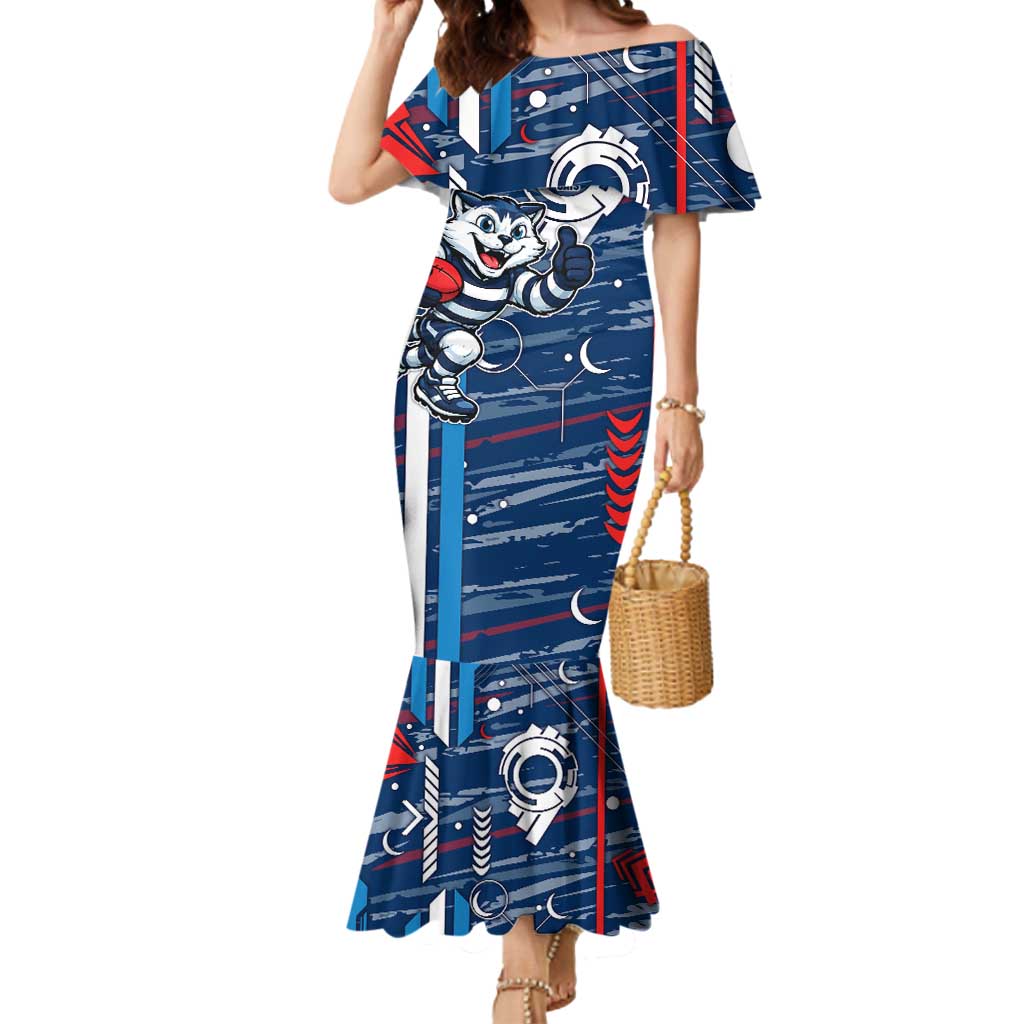 Geelong Cats Mermaid Dress Mascot Cartoon Football Illustration Style