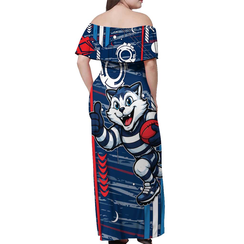 Geelong Cats Off Shoulder Maxi Dress Mascot Cartoon Football Illustration Style