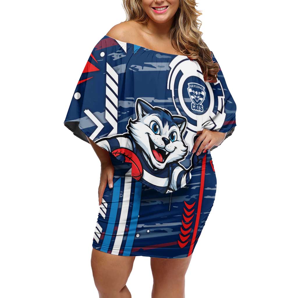 Geelong Cats Off Shoulder Short Dress Mascot Cartoon Football Illustration Style