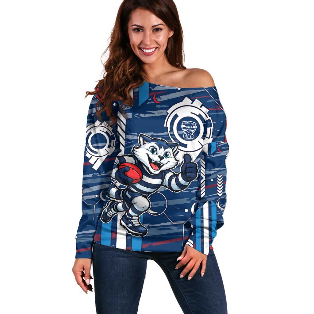 Geelong Cats Off Shoulder Sweater Mascot Cartoon Football Illustration Style