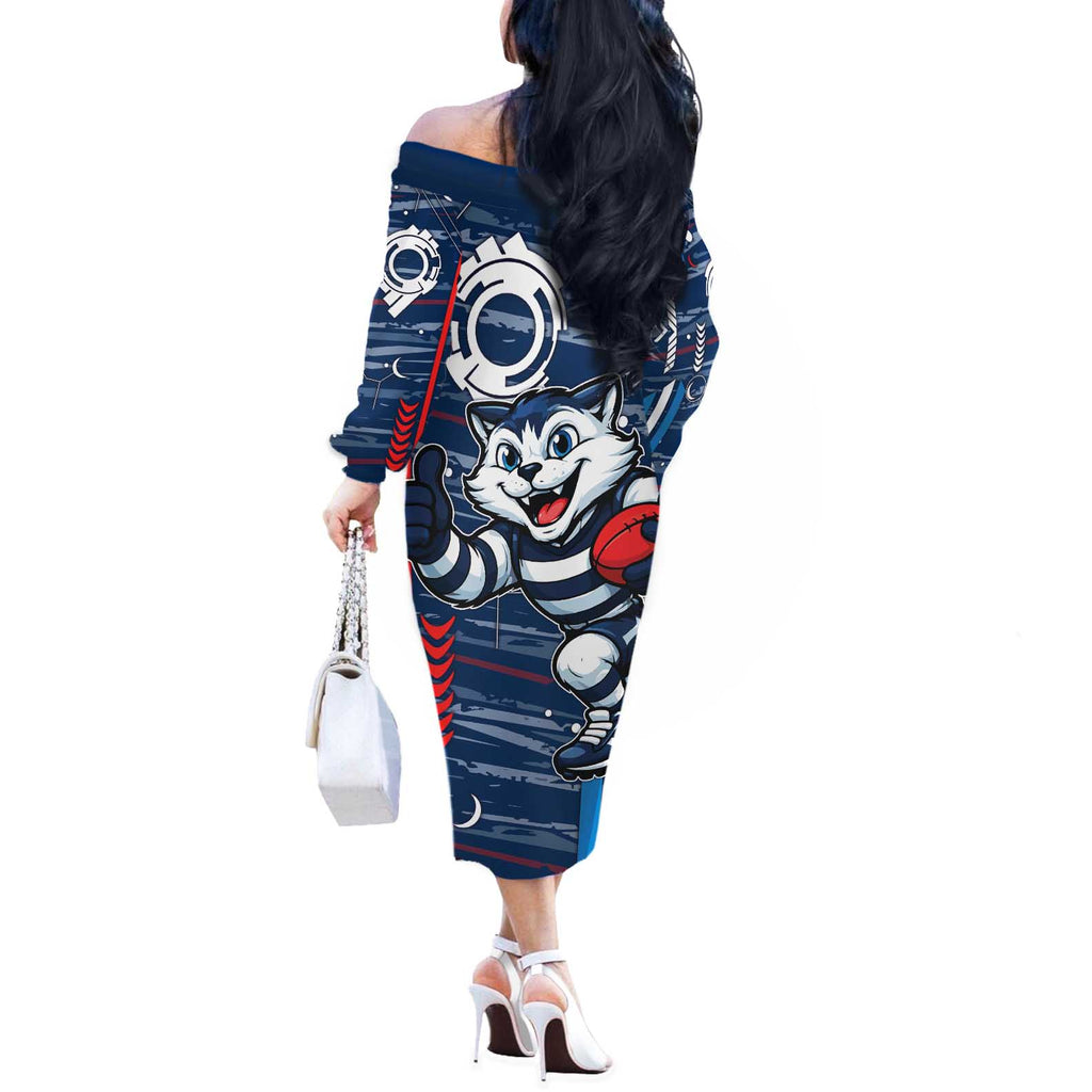 Geelong Cats Off The Shoulder Long Sleeve Dress Mascot Cartoon Football Illustration Style
