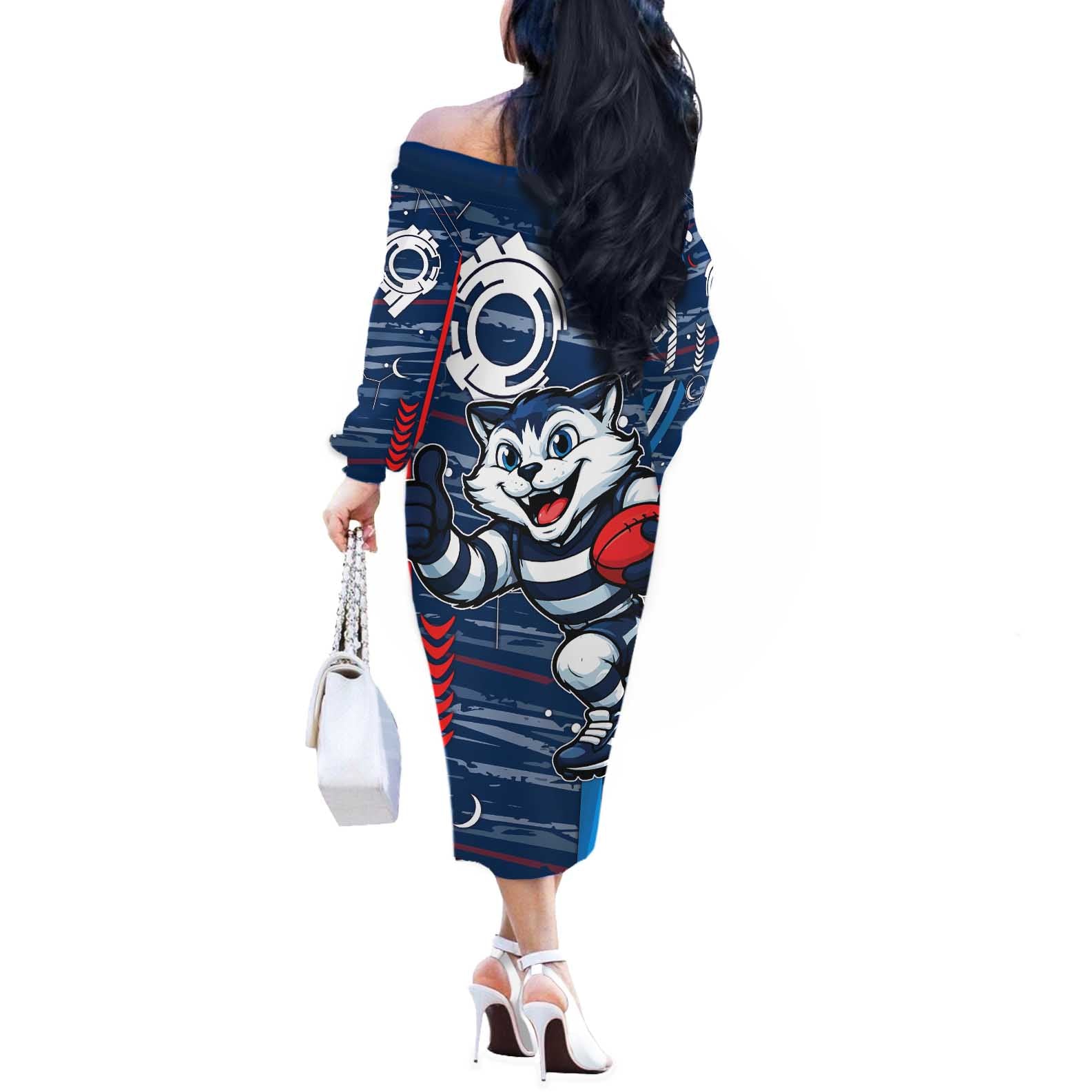 Geelong Cats Off The Shoulder Long Sleeve Dress Mascot Cartoon Football Illustration Style