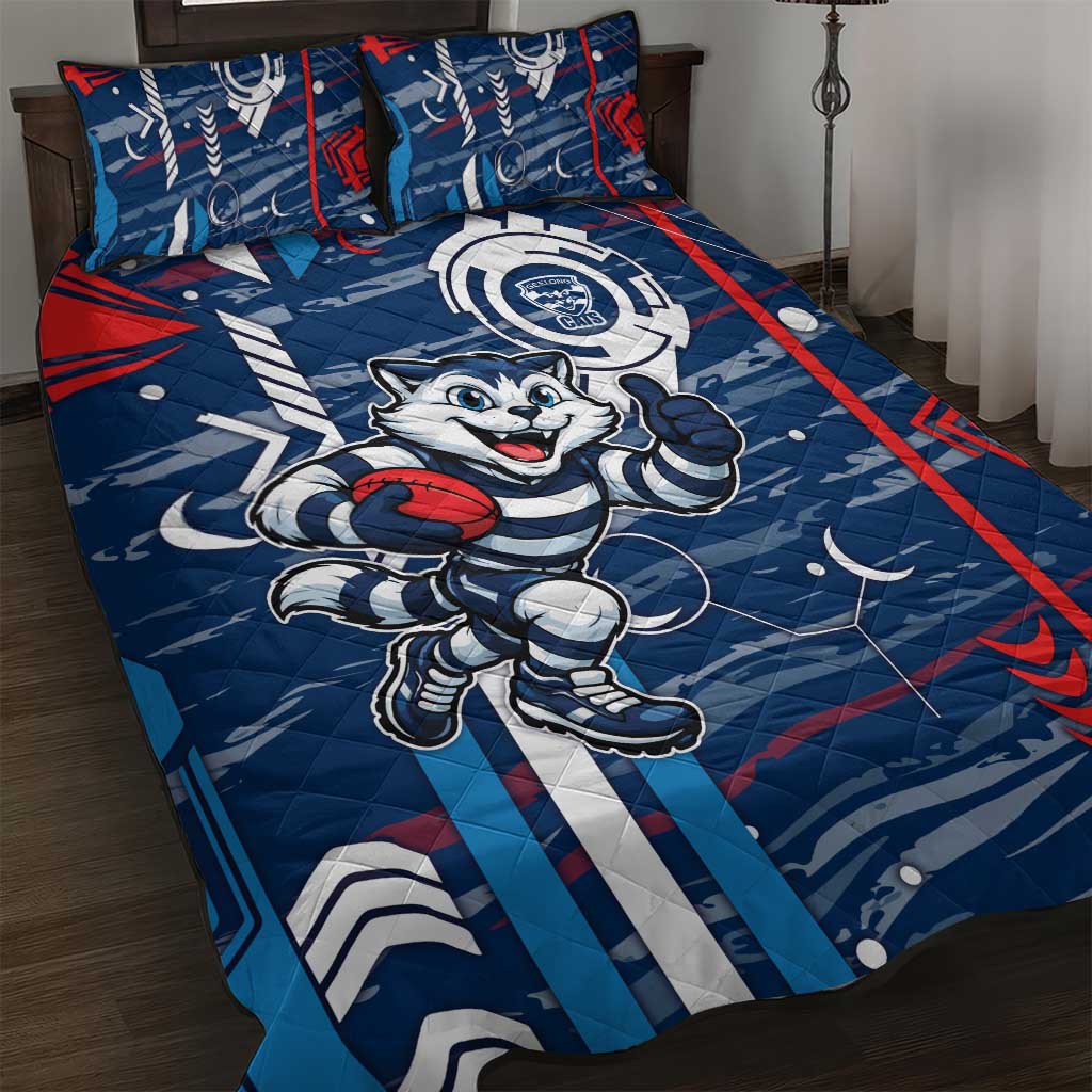 Geelong Cats Quilt Bed Set Mascot Cartoon Football Illustration Style