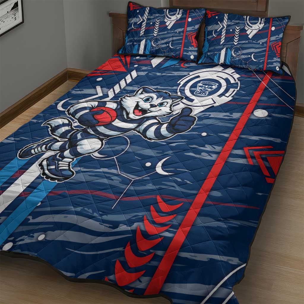 Geelong Cats Quilt Bed Set Mascot Cartoon Football Illustration Style