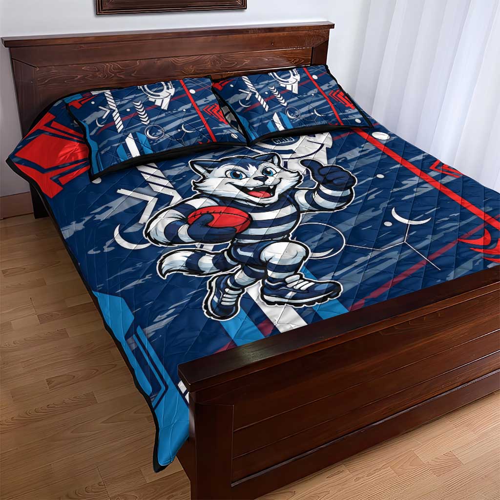 Geelong Cats Quilt Bed Set Mascot Cartoon Football Illustration Style