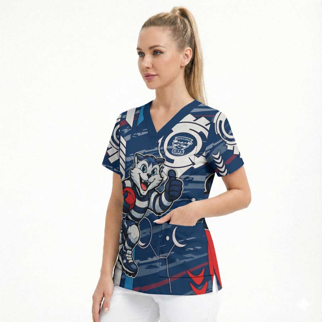Geelong Cats Scrub Top Mascot Cartoon Football Illustration Style