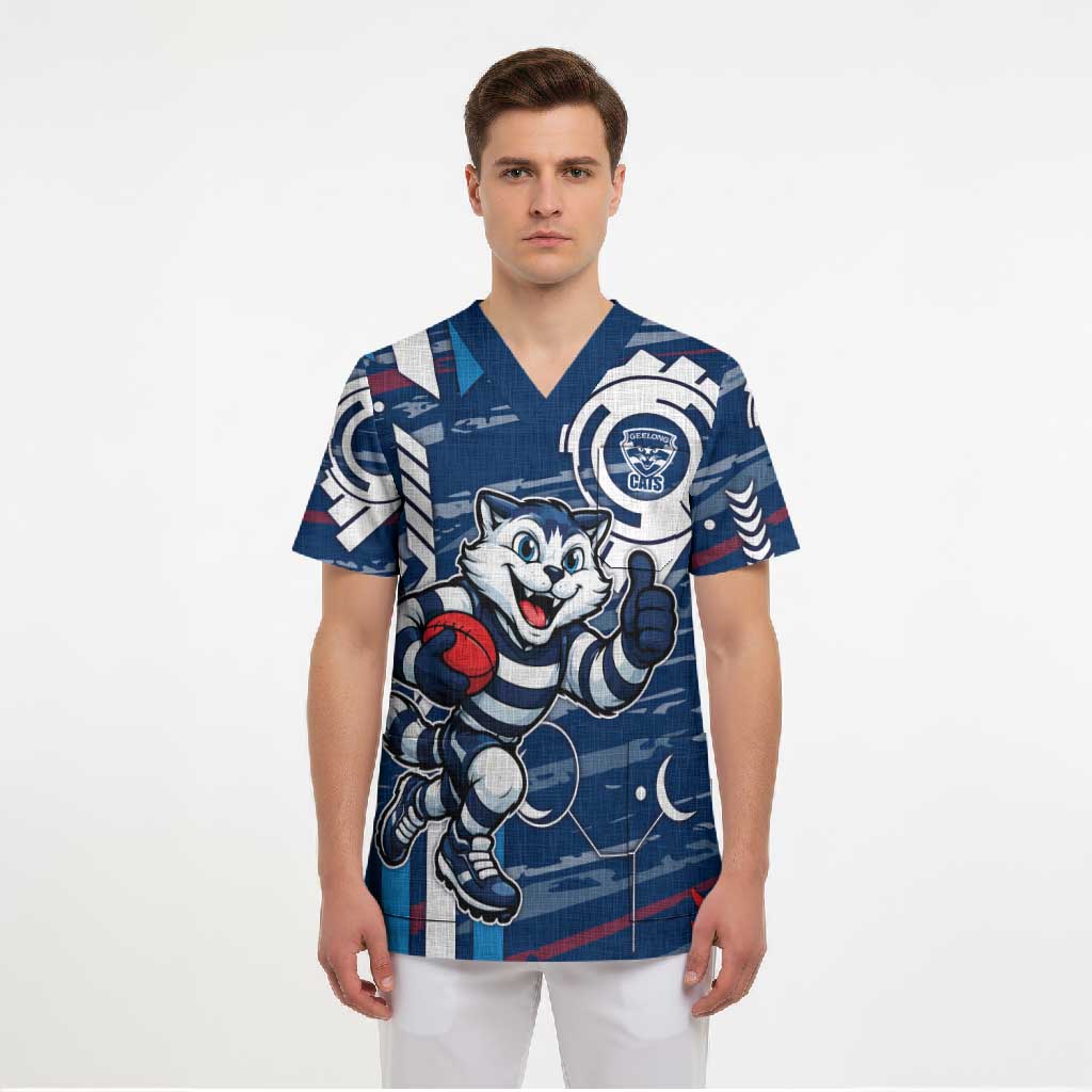 Geelong Cats Scrub Top Mascot Cartoon Football Illustration Style