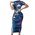 Geelong Cats Short Sleeve Bodycon Dress Mascot Cartoon Football Illustration Style