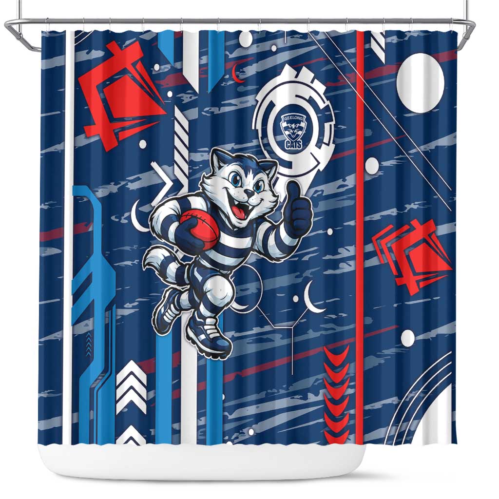 Geelong Cats Shower Curtain Mascot Cartoon Football Illustration Style