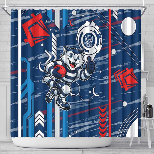 Geelong Cats Shower Curtain Mascot Cartoon Football Illustration Style