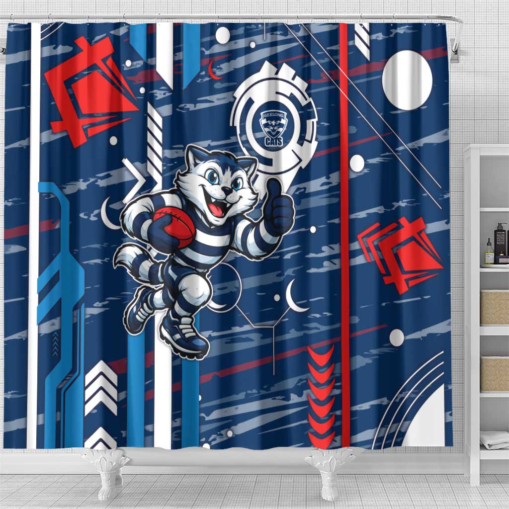 Geelong Cats Shower Curtain Mascot Cartoon Football Illustration Style