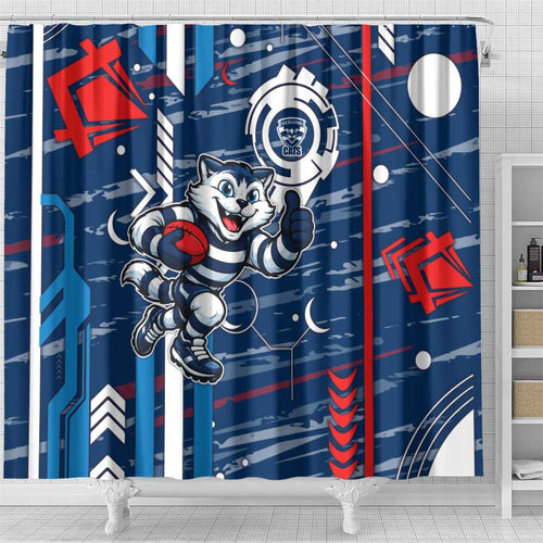 Geelong Cats Shower Curtain Mascot Cartoon Football Illustration Style