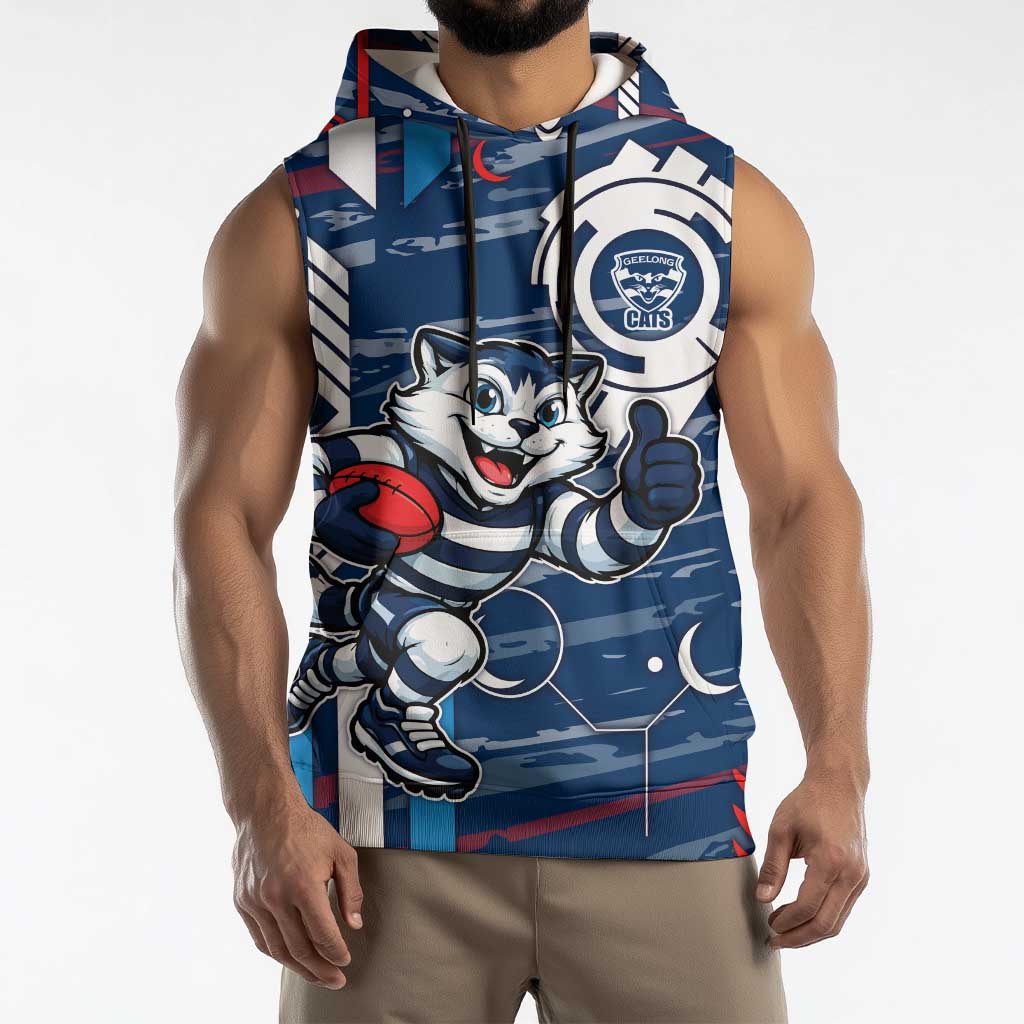 Geelong Cats Sleeveless Hoodie Mascot Cartoon Football Illustration Style