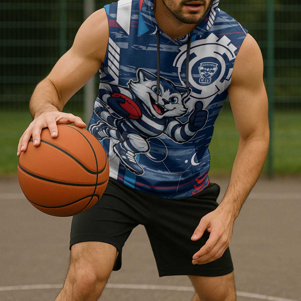 Geelong Cats Sleeveless Hoodie Mascot Cartoon Football Illustration Style