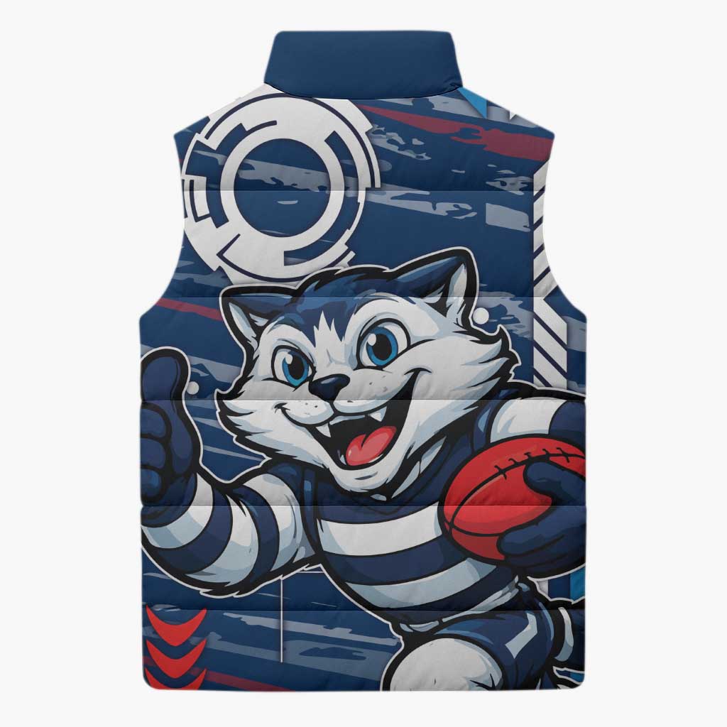 Geelong Cats Sleeveless Puffer Jacket Mascot Cartoon Football Illustration Style