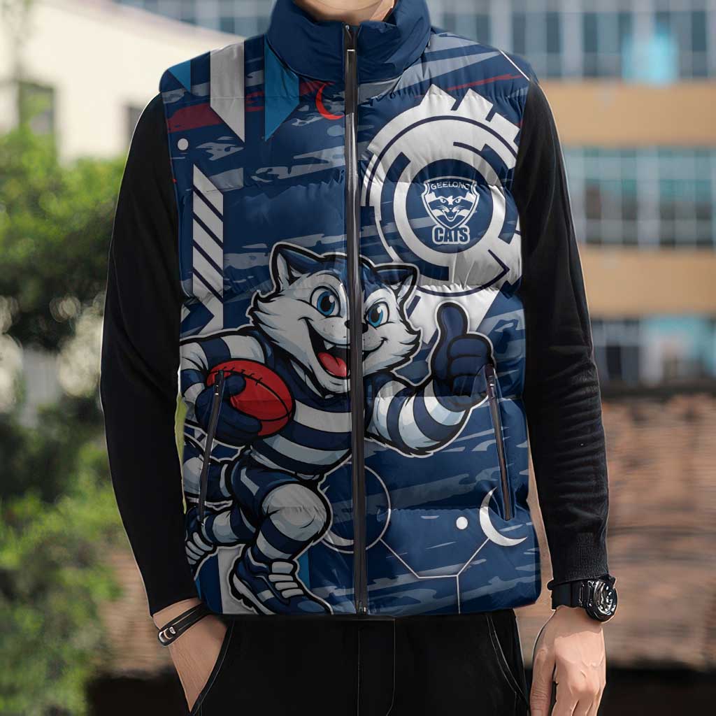 Geelong Cats Sleeveless Puffer Jacket Mascot Cartoon Football Illustration Style