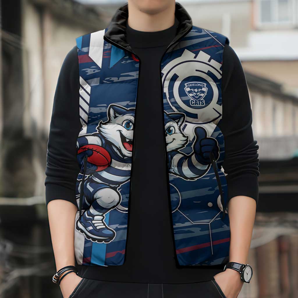Geelong Cats Sleeveless Puffer Jacket Mascot Cartoon Football Illustration Style