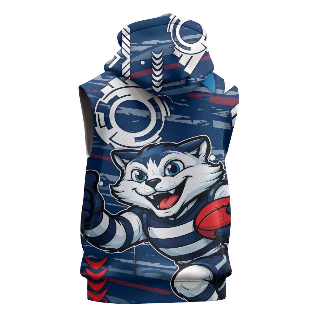 Geelong Cats Sleeveless Zip Hoodie Mascot Cartoon Football Illustration Style
