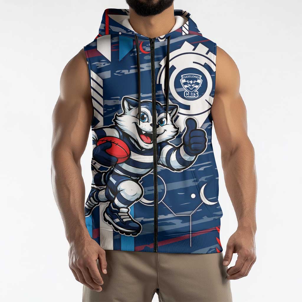Geelong Cats Sleeveless Zip Hoodie Mascot Cartoon Football Illustration Style