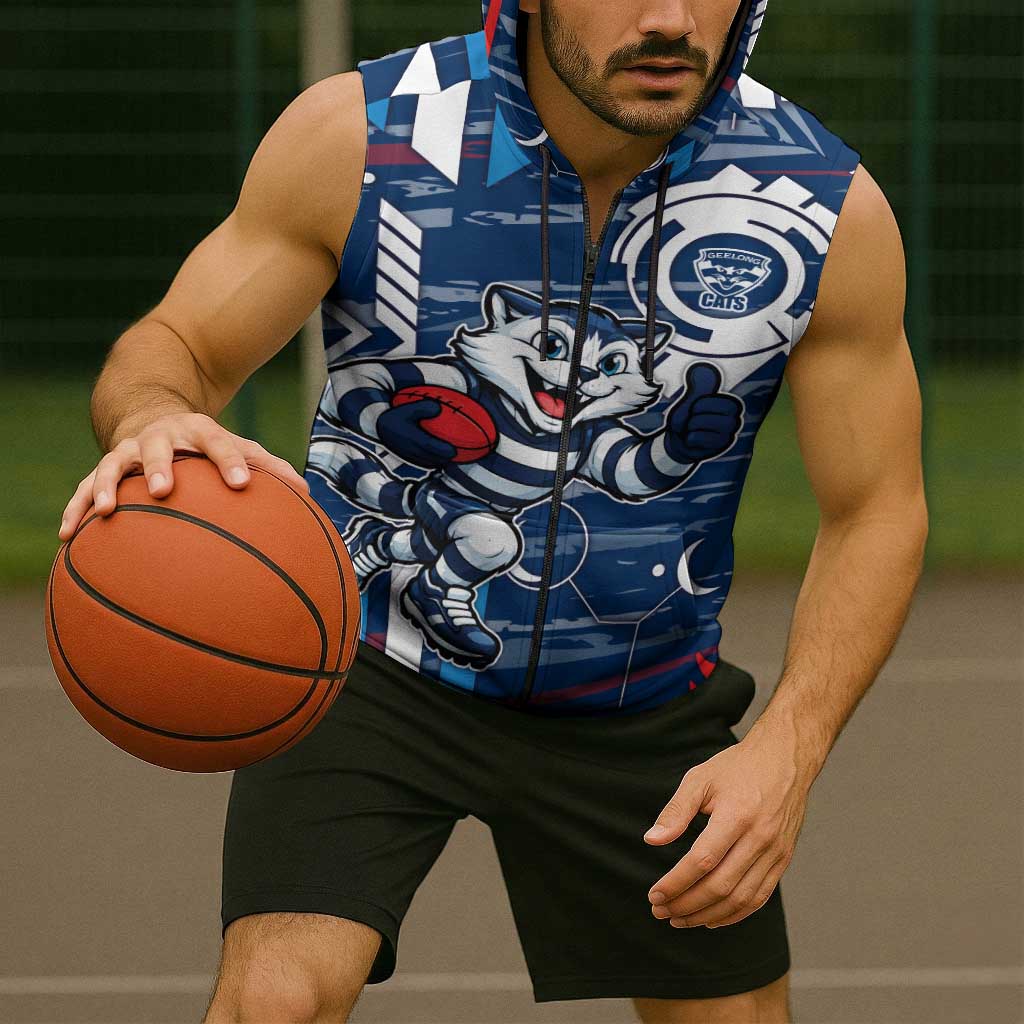 Geelong Cats Sleeveless Zip Hoodie Mascot Cartoon Football Illustration Style