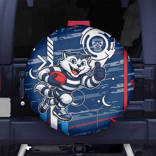 Geelong Cats Spare Tire Cover Mascot Cartoon Football Illustration Style