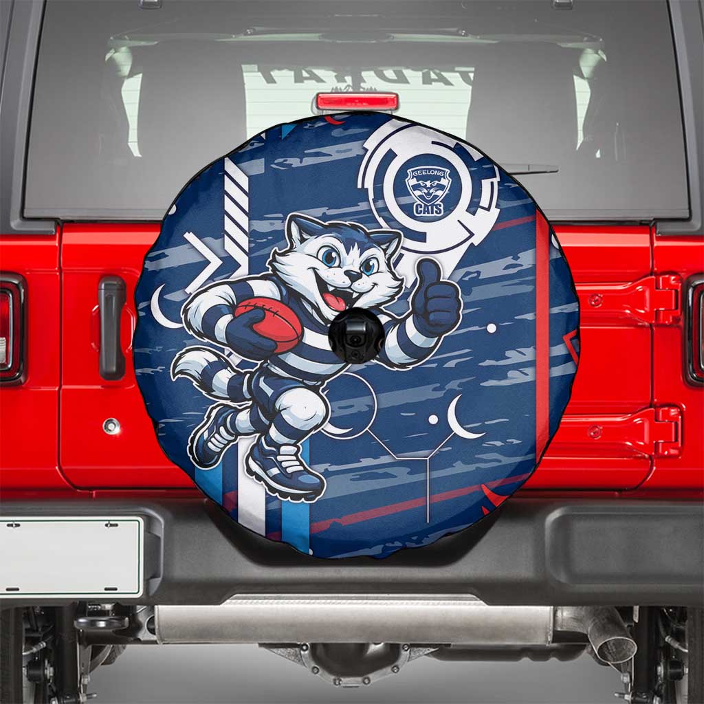 Geelong Cats Spare Tire Cover Mascot Cartoon Football Illustration Style