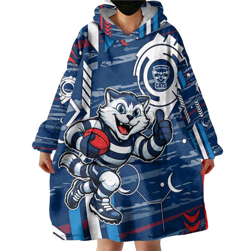 Geelong Cats Wearable Blanket Hoodie Mascot Cartoon Football Illustration Style