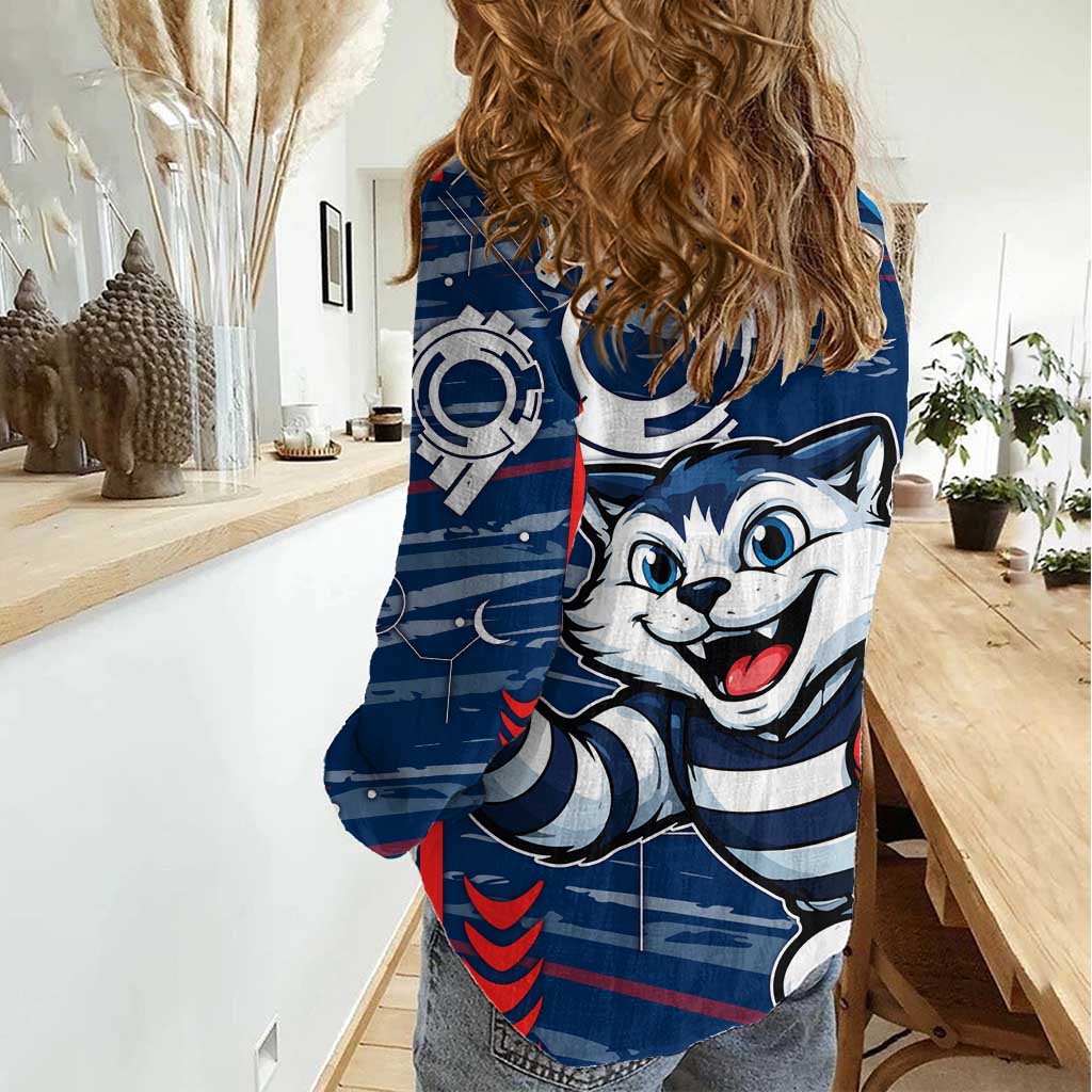 Geelong Cats Women Casual Shirt Mascot Cartoon Football Illustration Style