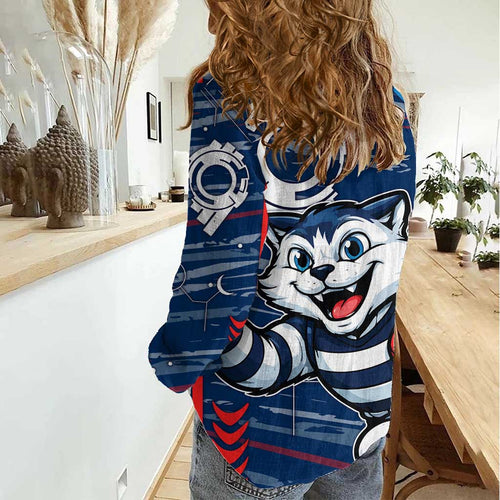 Geelong Cats Women Casual Shirt Mascot Cartoon Football Illustration Style