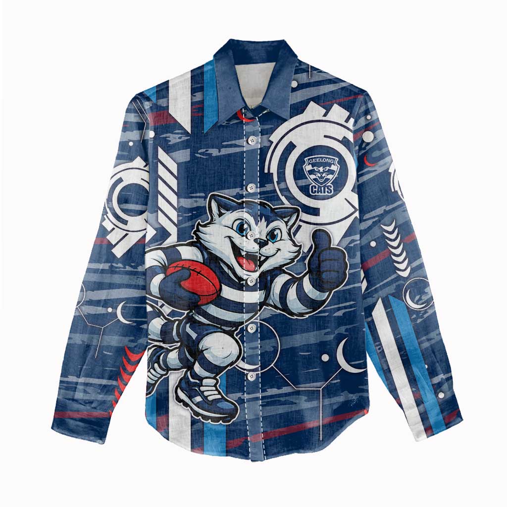 Geelong Cats Women Casual Shirt Mascot Cartoon Football Illustration Style