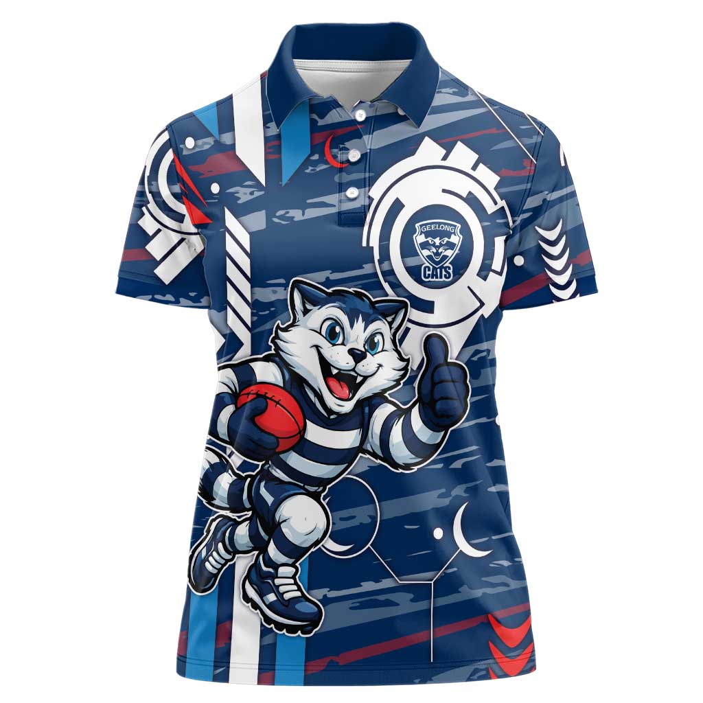 Geelong Cats Women Polo Shirt Mascot Cartoon Football Illustration Style
