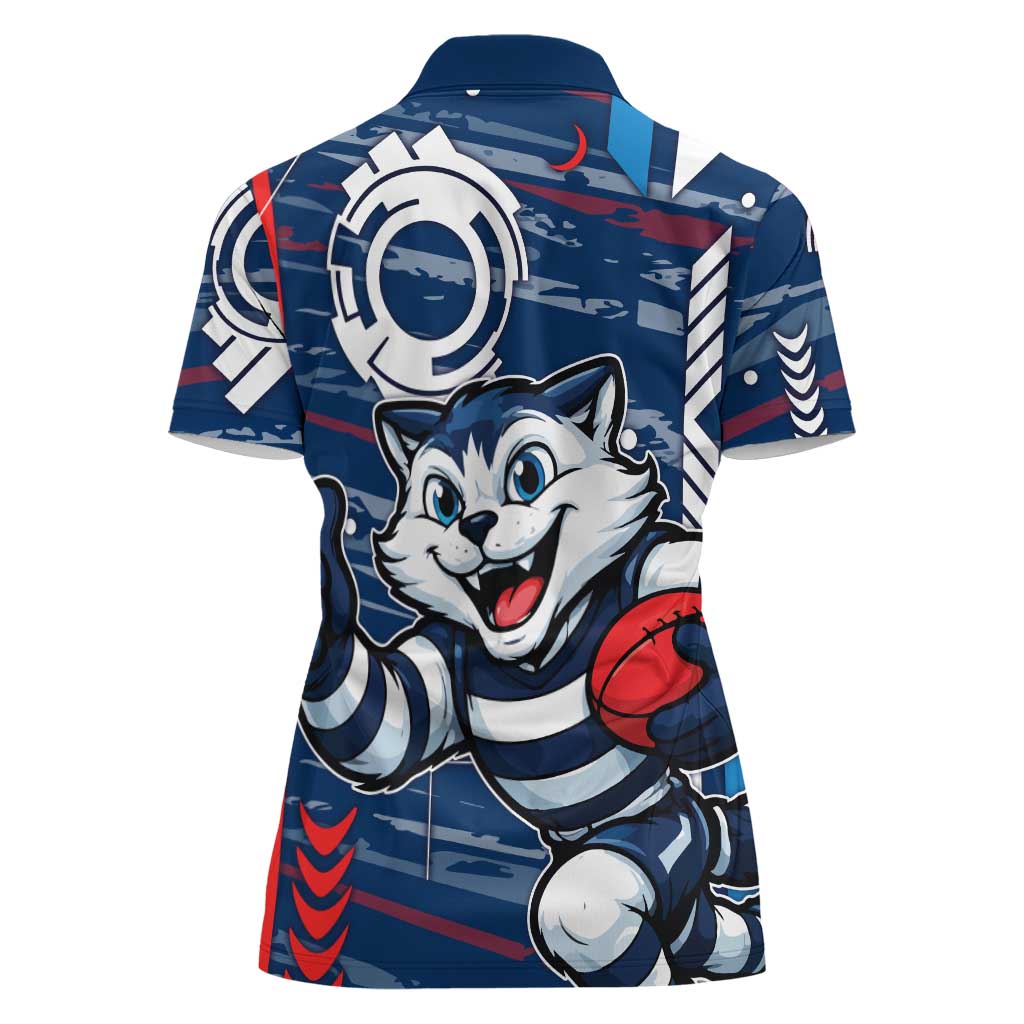 Geelong Cats Women Polo Shirt Mascot Cartoon Football Illustration Style