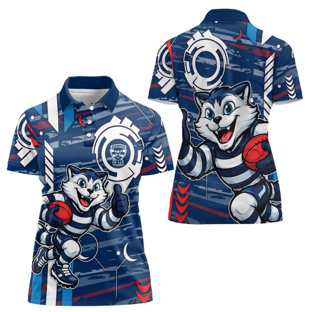 Geelong Cats Women Polo Shirt Mascot Cartoon Football Illustration Style