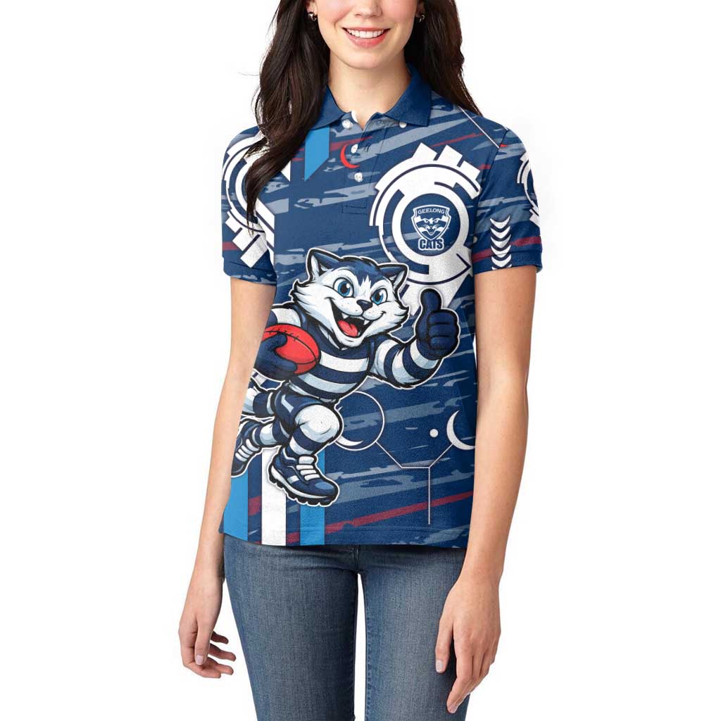 Geelong Cats Women Polo Shirt Mascot Cartoon Football Illustration Style