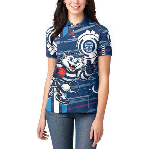 Geelong Cats Women Polo Shirt Mascot Cartoon Football Illustration Style