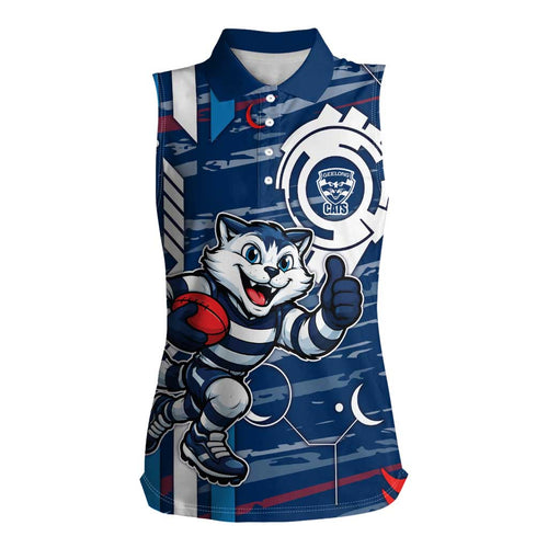 Geelong Cats Women Sleeveless Polo Shirt Mascot Cartoon Football Illustration Style