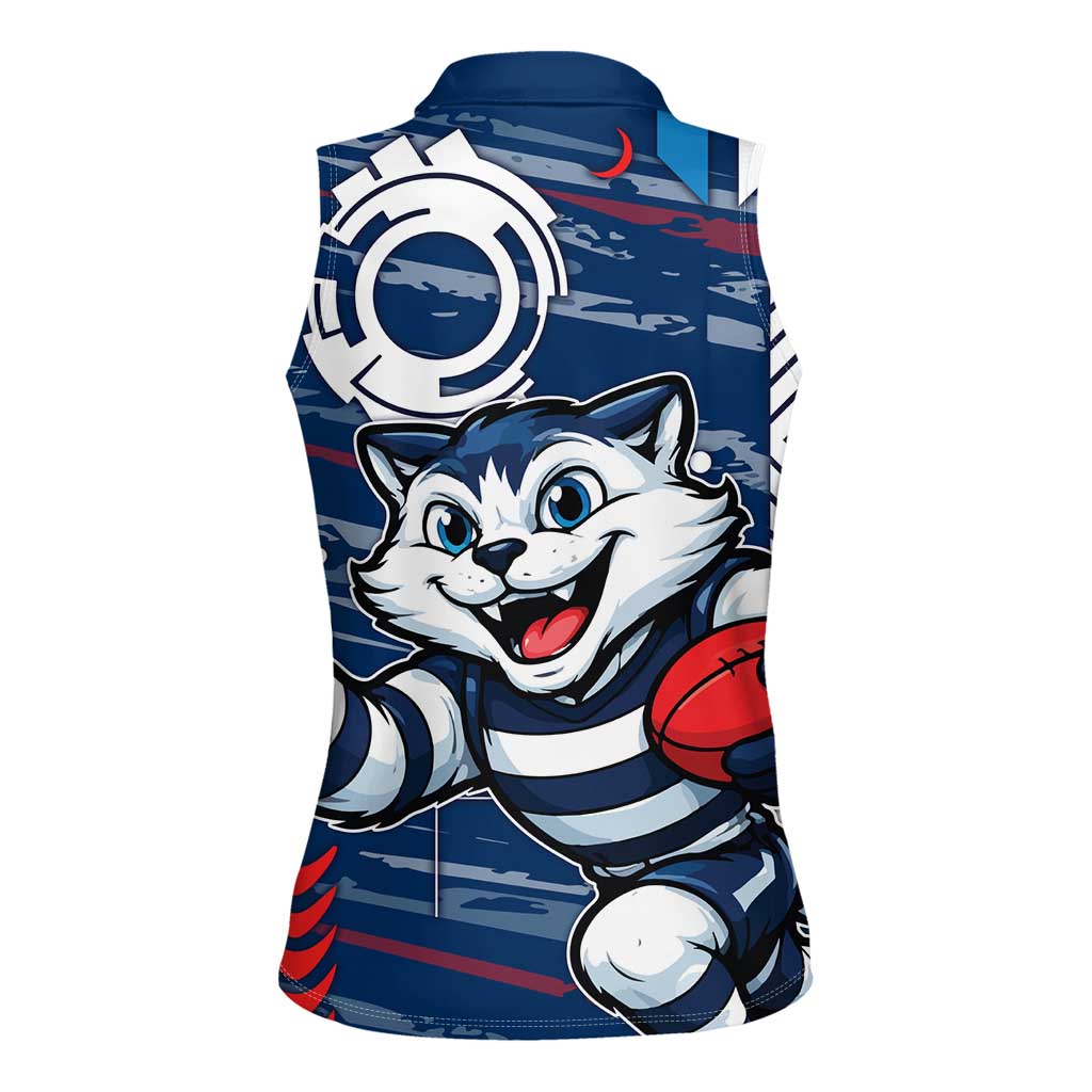 Geelong Cats Women Sleeveless Polo Shirt Mascot Cartoon Football Illustration Style