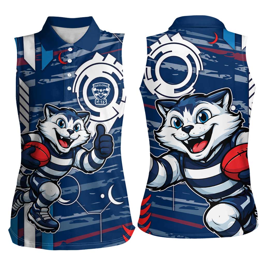 Geelong Cats Women Sleeveless Polo Shirt Mascot Cartoon Football Illustration Style