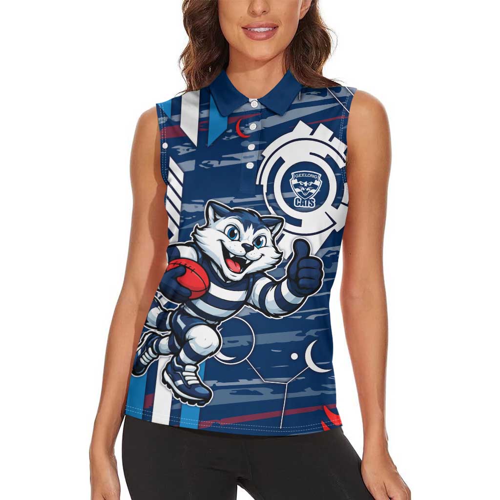 Geelong Cats Women Sleeveless Polo Shirt Mascot Cartoon Football Illustration Style
