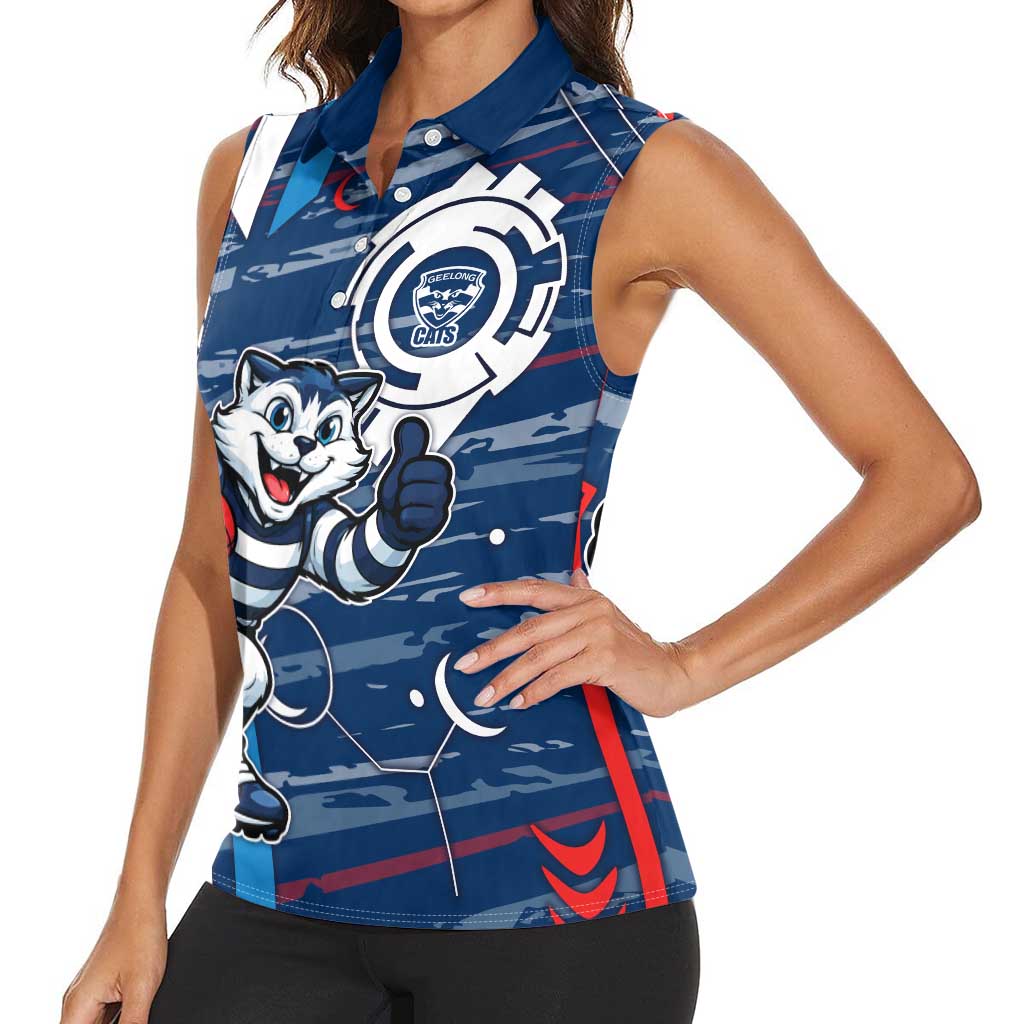 Geelong Cats Women Sleeveless Polo Shirt Mascot Cartoon Football Illustration Style