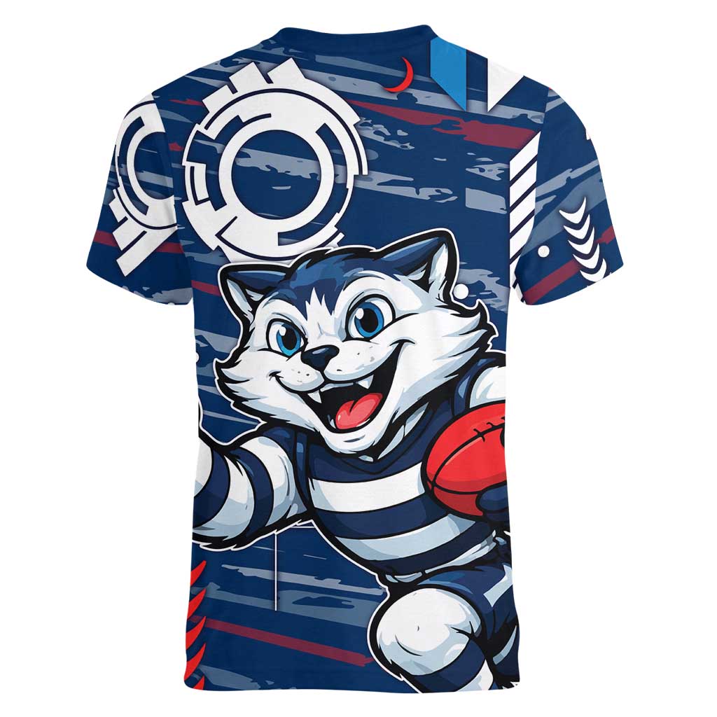 Geelong Cats Women V-Neck T-Shirt Mascot Cartoon Football Illustration Style