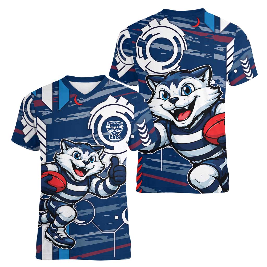 Geelong Cats Women V-Neck T-Shirt Mascot Cartoon Football Illustration Style